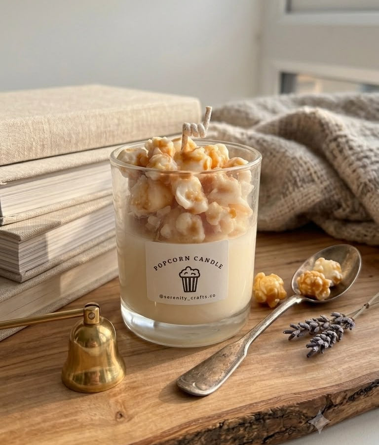 A clear glass jar candle filled with creamy beige wax and topped with caramel-like pieces, placed on a wooden board with a small brass bell, spoon, lavender sprig, and stacked books in a softly lit indoor setting.